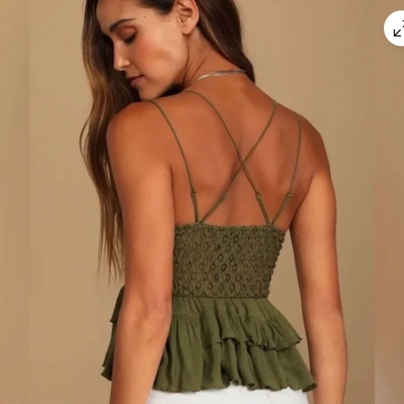 Free People NWT Adella Cami Olive Sparrow Moss Green Smocked Tank - Size Small - Picture 2 of 15